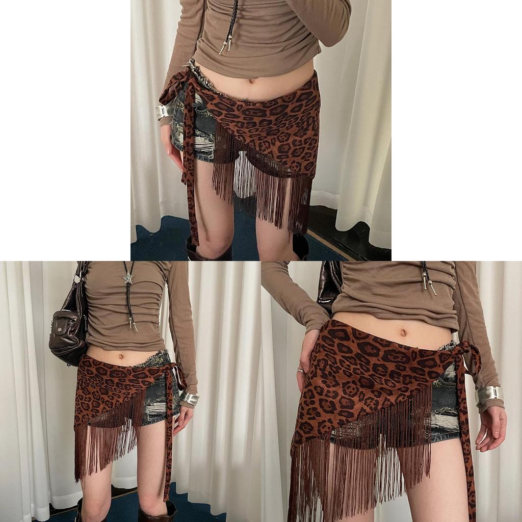 Y2k Leopard Print Tassel Gstring Panty With Wide Waist Belt For Summer Fashion