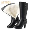 Woman Boots High-heeled Genuine Leather Motorcycle Boots Thick Wool Warm Winter Boots