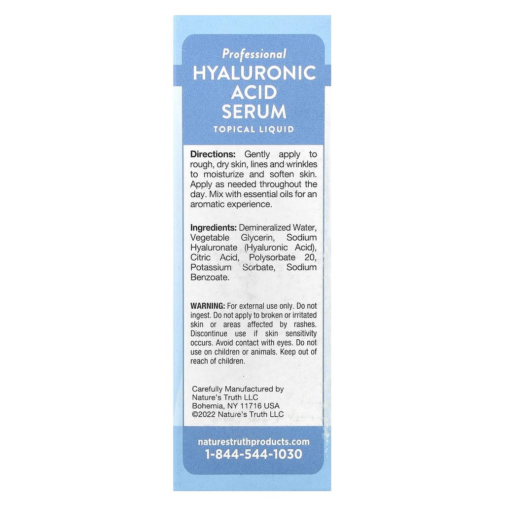 Nature's Truth Hyaluronic Acid Serum, Fragrance Free, 30Ml(1Fl Oz)