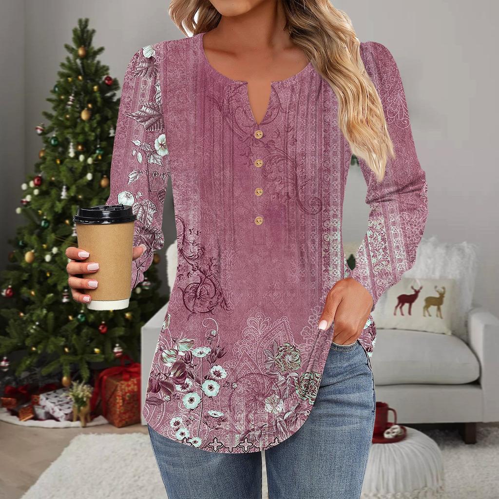 Женская мода повседневная плиссированная футболка с круглым вырезом и декоративными пуговицами и цветами с длинным рукавом