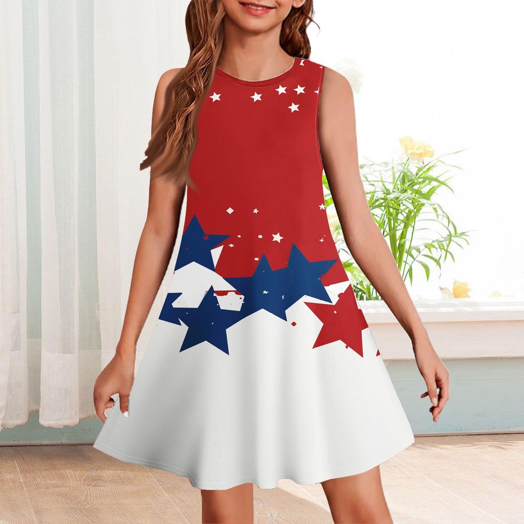 Girl Summer Dress Sleeveless Printed Color Casual Dress