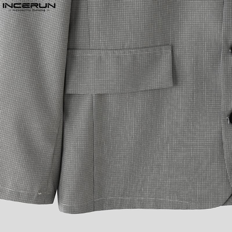 INCERUN Oversized Men V Neck Long Sleeve Plaid Print Casual Loose Thin Blazer Coats