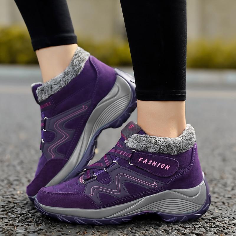 Зимние женские зимние сапоги, кожаные женские теплые толстые плюшевые зимние сапоги, водонепроницаемые женские замшевые ботинки на танкетке, нескользящая женская обувь