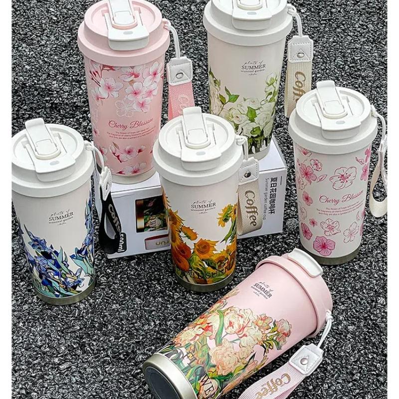 Кружка для кофе с цветами в стиле Ван Гога 500 мл Вакуумная фляга из нержавеющей стали Соломинка и возможность пить прямо Изолированный тамблер Термокружка