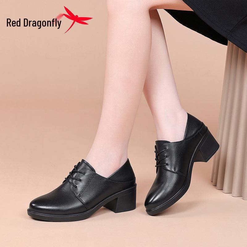 Женские кожаные туфли на массивном каблуке Red Dragonfly - Средний и высокий каблук, Весенние и осенние балетки