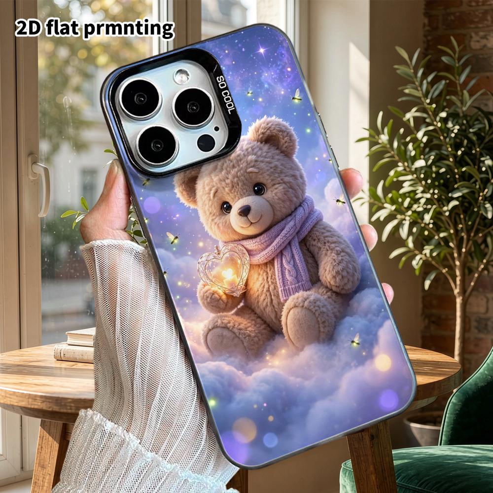 Phone Case: 2D flat design, suitable for iPhone 18 17 16 15 14 13Pro in rainbow silver, couple style, heart light little bear, Christmas and Halloween