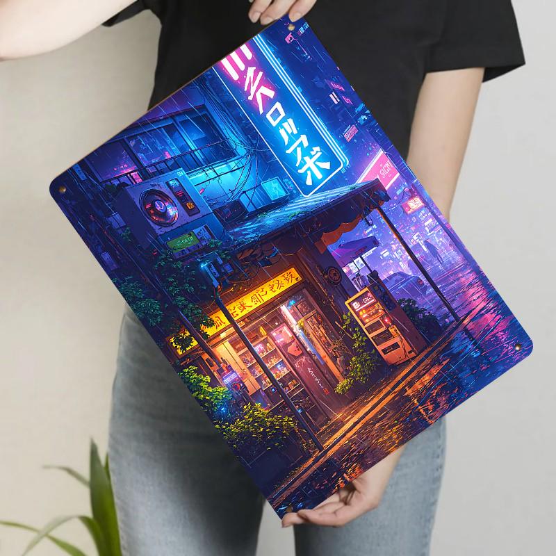 Cyberpunk Neon Rainy Night Street Corner Metal Wall Art Bar Decorative Painting for