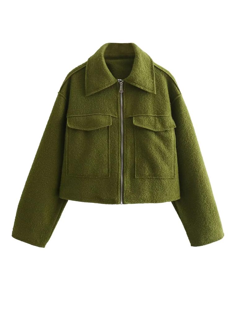 Autumn New Product Women's Fashion and Casual Versatile Polo Collar Long Sleeve Zipper Short Jacket Coat