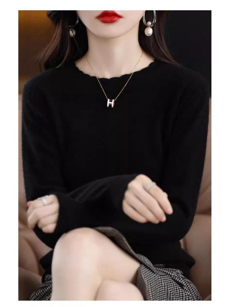 Женский повседневный кружевной свитер с круглым вырезом и длинными рукавами - мягкая вязка, коллекция осень/зима 2024 года