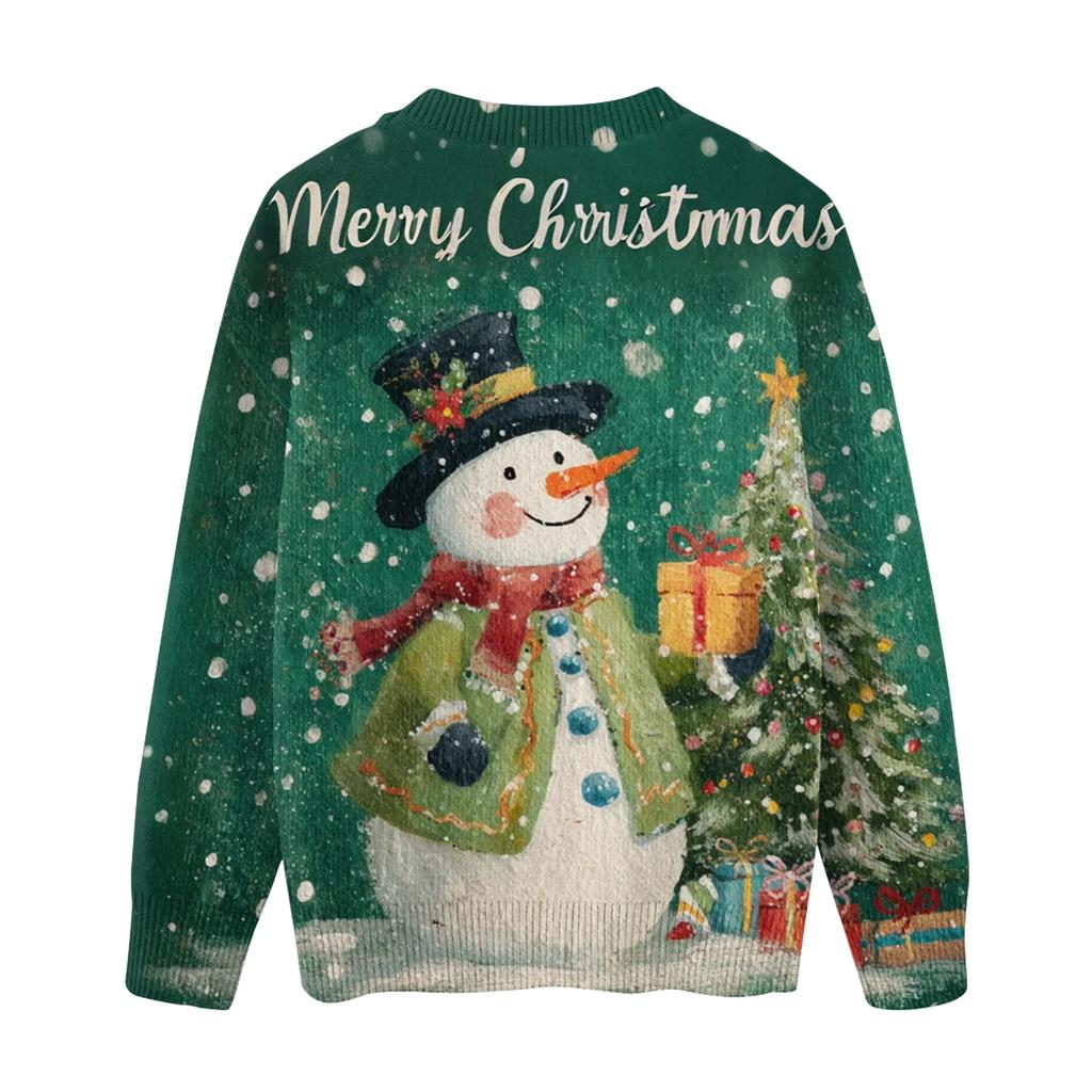 Ladies' Fashionable And Casual Christmas Cute Printed Round Neck Long Sleeved Knitted Yarn