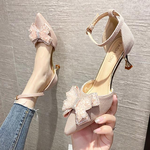 Rimocy блестящие туфли-лодочки с бантом на щиколотке, женские тканевые туфли с острым носком на высоком каблуке, женские пикантные туфли на тонком каблуке с кристаллами для вечеринок
