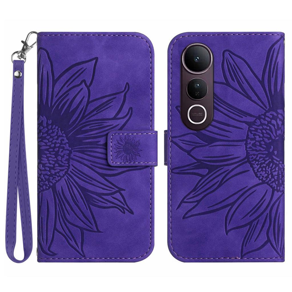 For vivo V50 Lite 5G Case Sunflower Imprint Leather Wallet Phone Cover with Wrist Strap