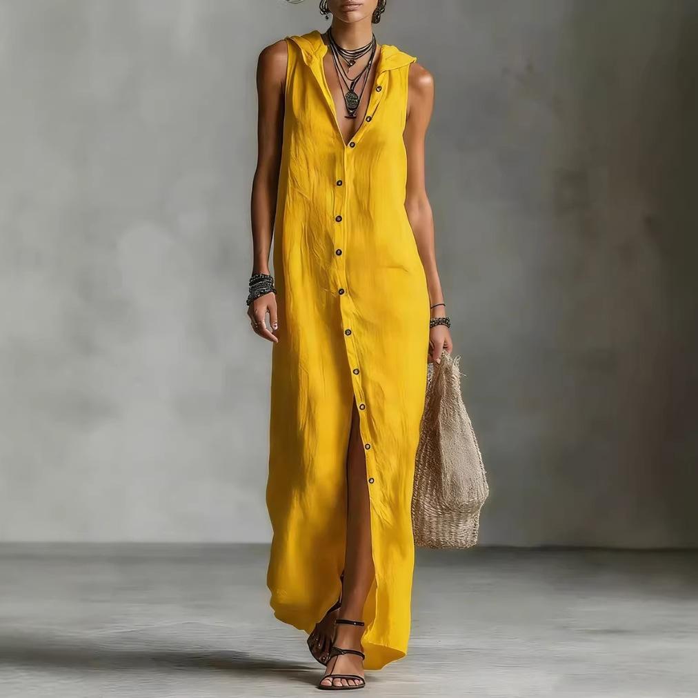 Women's Summer Cotton Linen Maxi Dress Hooded Collar Sleeveless Button Down Loose Casual Fashion Shirt Dress for Daily Vacation Wear