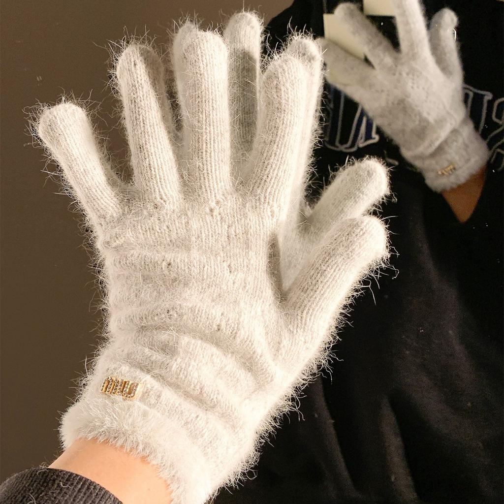 Мягкие Восковые Кроличьи Меховые Серые Вязаные Шерстяные Пятипалые Утепленные Теплые Перчатки для Женской Зимней Велосипедной Езды Холодо- и Ветрозащитные Пушистые