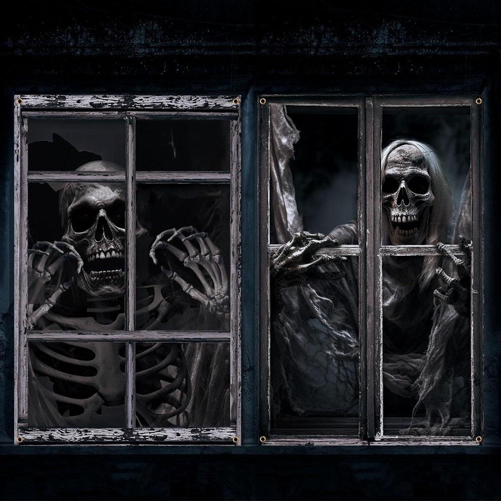 2Pcs Halloween Ghost Curtain Scary Blood Ghost Skull Window Cover Halloween Window Poster Decorations for Outdoor Party Decor