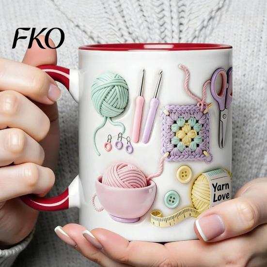 Novelty Coffee Cup Ceramic Mug, with 3D Knitting Pattern Design, Large Capacity Microwave Safe Mug Durable Tea Cup, for Craft Lovers Kitchen
