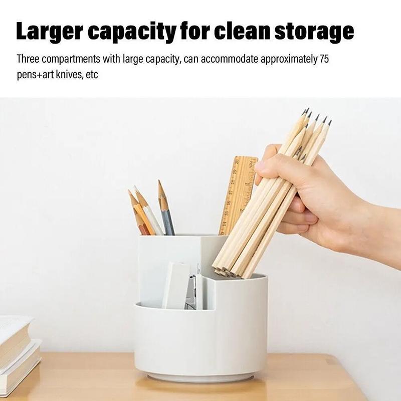 Large Capacity 360° Rotating Pen Holder Desk 3-Grid Pencil Storage Box Organizer Makeup Brush School Pen Stand Office Storage