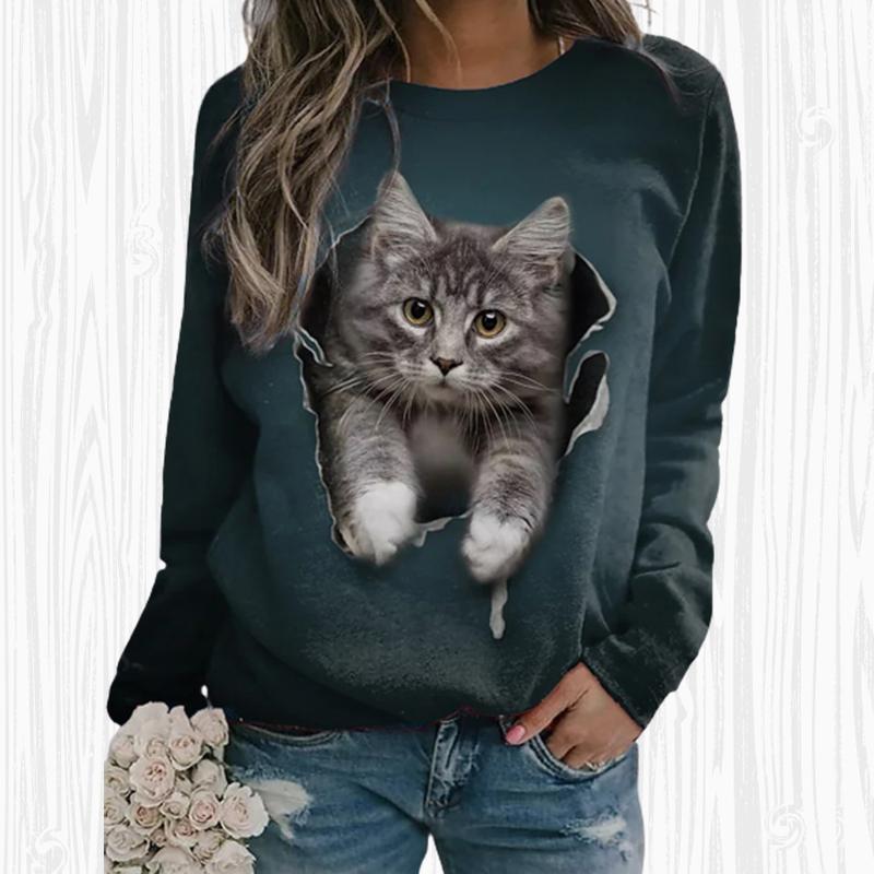 Women Autumn Tops Loose Cat A Lovely Cat Print Causal Long Sleeve T-shirt Top Blouse