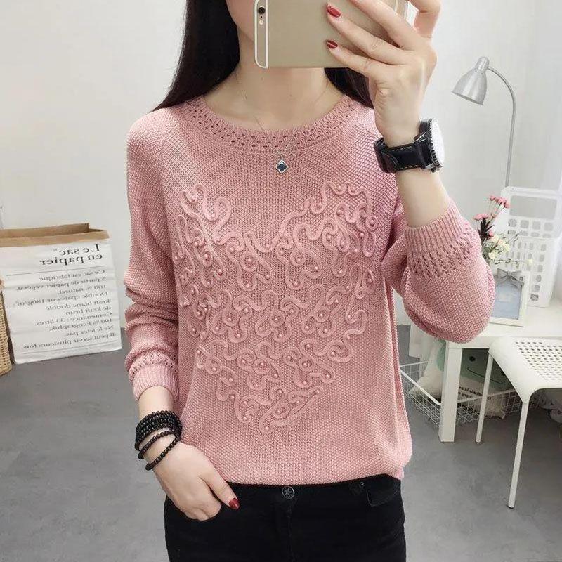 Spring and Autumn Long Sleeve Hollow Women's Knitted Shirt Solid Color Round Neck Hoodie Embroidered Nail Bead Bottom Shirt