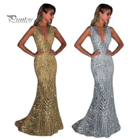 Women Evening Dress Deep V Neck Slim Fit Backless Sleeveless Shiny Sequin Fishtail Hem Floor Length Maxi Dress Prom Party Ball Gown