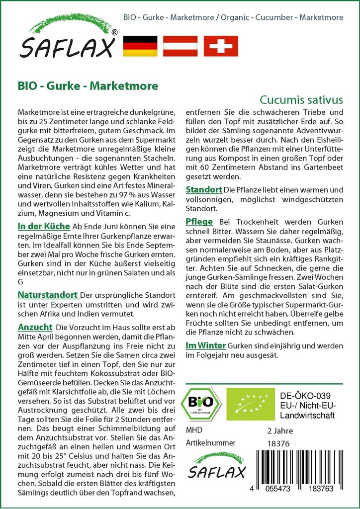 SAFLAX Garden in the Bag - Органический - Огурец - Marketmore - 20 семян - С субстратом в подходящем стоячем пакете - Cucumis sativus