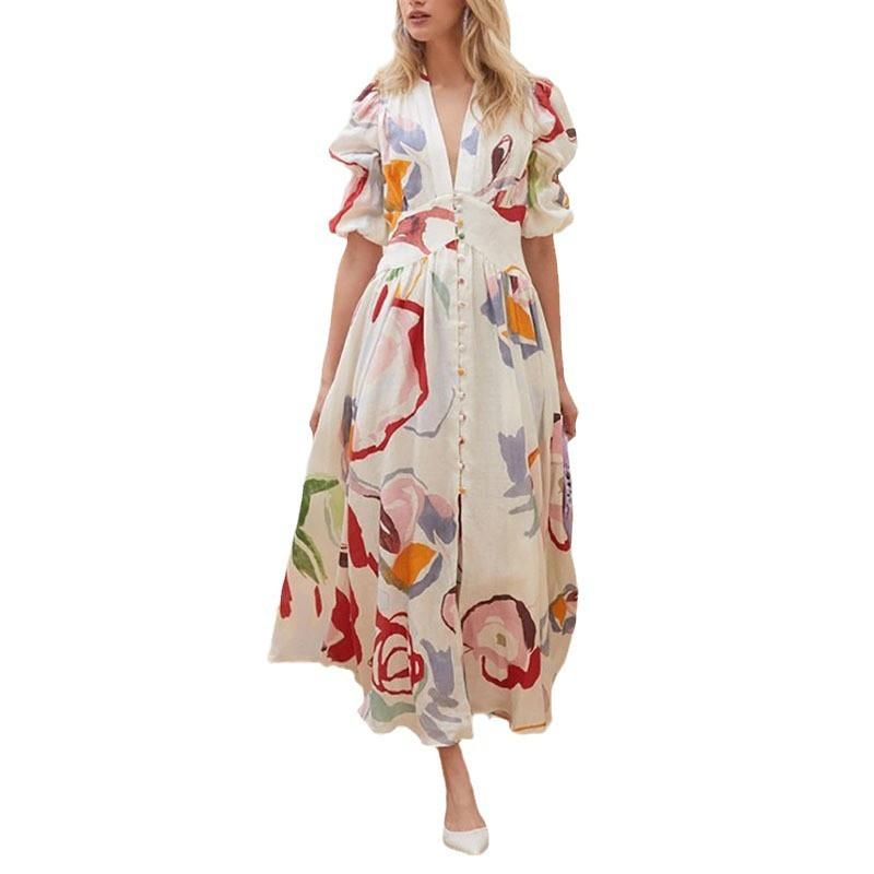 Womens Flowy Maxi Dress With V-Neck Floral Print High Waist Chiffon Lightweight Elegant Party Beach