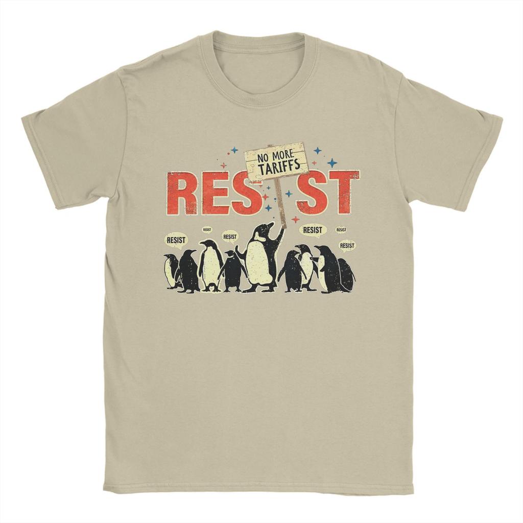 Повседневные футболки Resist Penguin No More Tariffs для мужчин с круглым вырезом из хлопка, забавная футболка с коротким рукавом, оригинальные топы