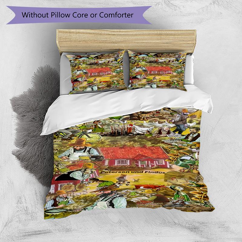 3pcs Duvet Cover Set (1*Duvet Cover + 2*Pillowcase, Without Core), Pettersson und Findus Print Bedding Set, Bedroom Decor, All‑Season, Birthday Gift