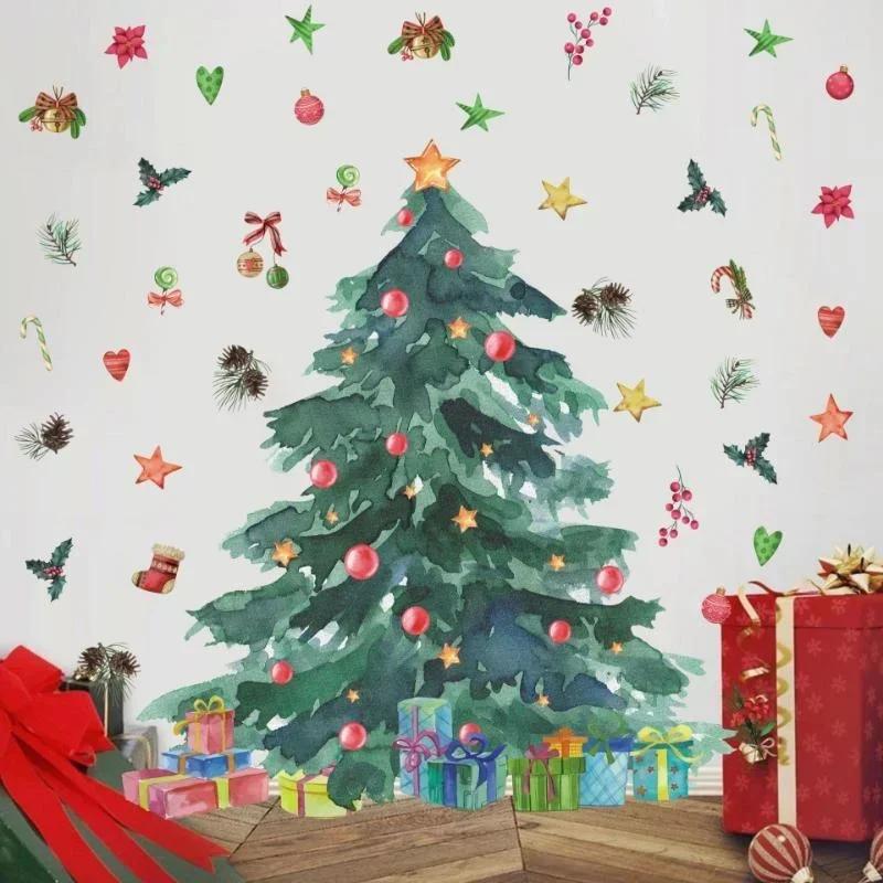 Рождественская елка Подарочная Наклейка На Стену Фестиваль Гостиная Фон Декор Обои Новогоднее Украшение Дома Самоклеящиеся Наклейки