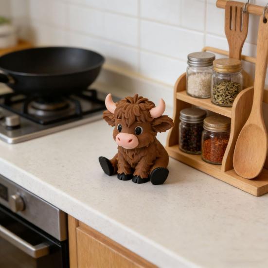 Мини-фигурка милой шотландской коровы, 3D-печать, мультяшная статуэтка сидящего бычка, коллекционный животный орнамент для декора дома, офиса, стола, полки