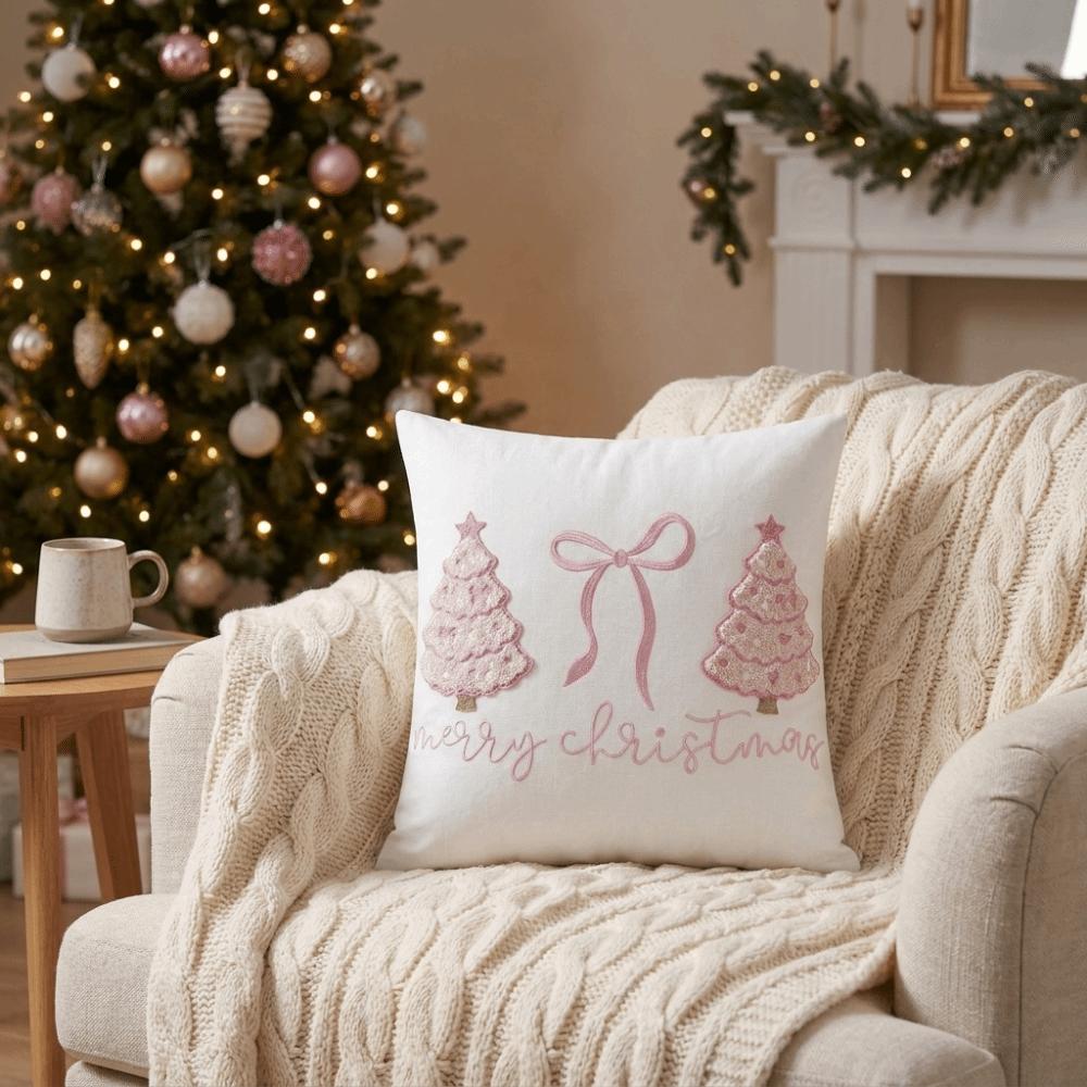 Colorful Christmas Pillowcase Christmas Tree Embroidery Cushion Cover Sofa Pillow Cover Couch