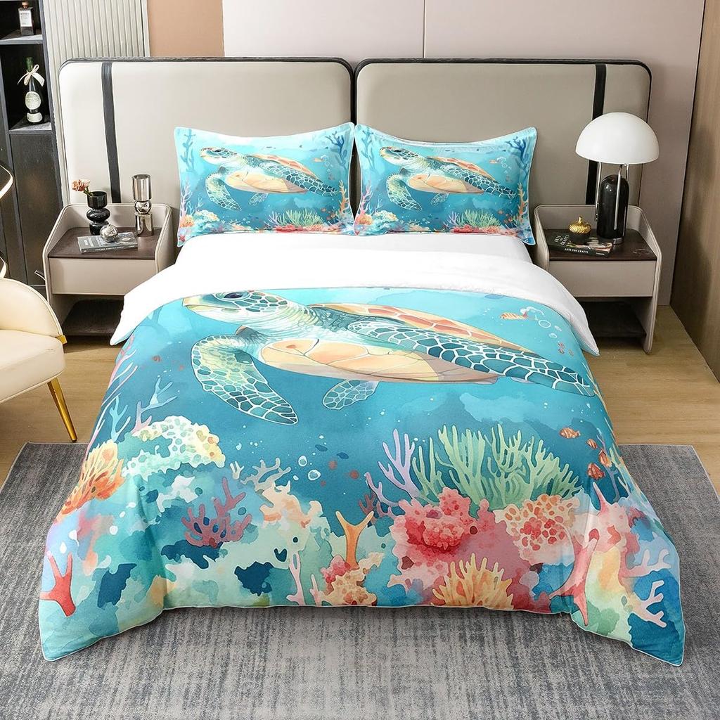 Turtle Bedding Set Microfiber Teen Bedding Light Blue Cute 3D Set for Small Double 3Pcs, Turtle Duvet Cover Set with Zipper
