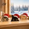 Desktop Cat Figurine Cute Shelf Sitter, Wooden Christmas Hat Peeking Desk Figurine, Funny Animal Decor Sign, Lover Gift for Holiday Home Office Tiered