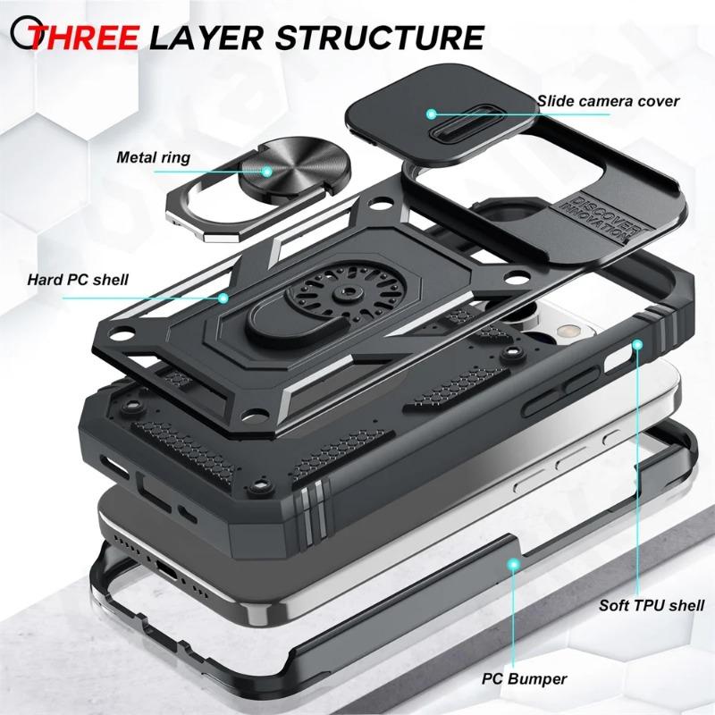 Case For iPhone 15 14 13 12 11 Pro XS Max XR 8 7 Plus Camera Slide Military Grade Armor Protection 360 Degree Rotate Armor Cover