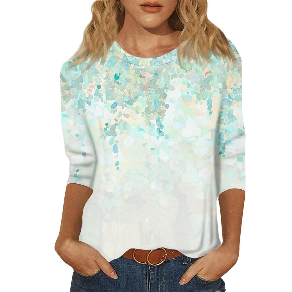 Women's Summer Fashion Casual Seven Quarter Sleeves Floral Printed Round Collar High Quality Pullover Top Female Clothes