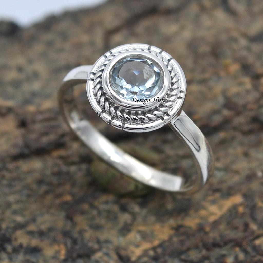 Blue Topaz Gemstone Statement Ring 925 Sterling Silver Jewelry For Christmas Sale