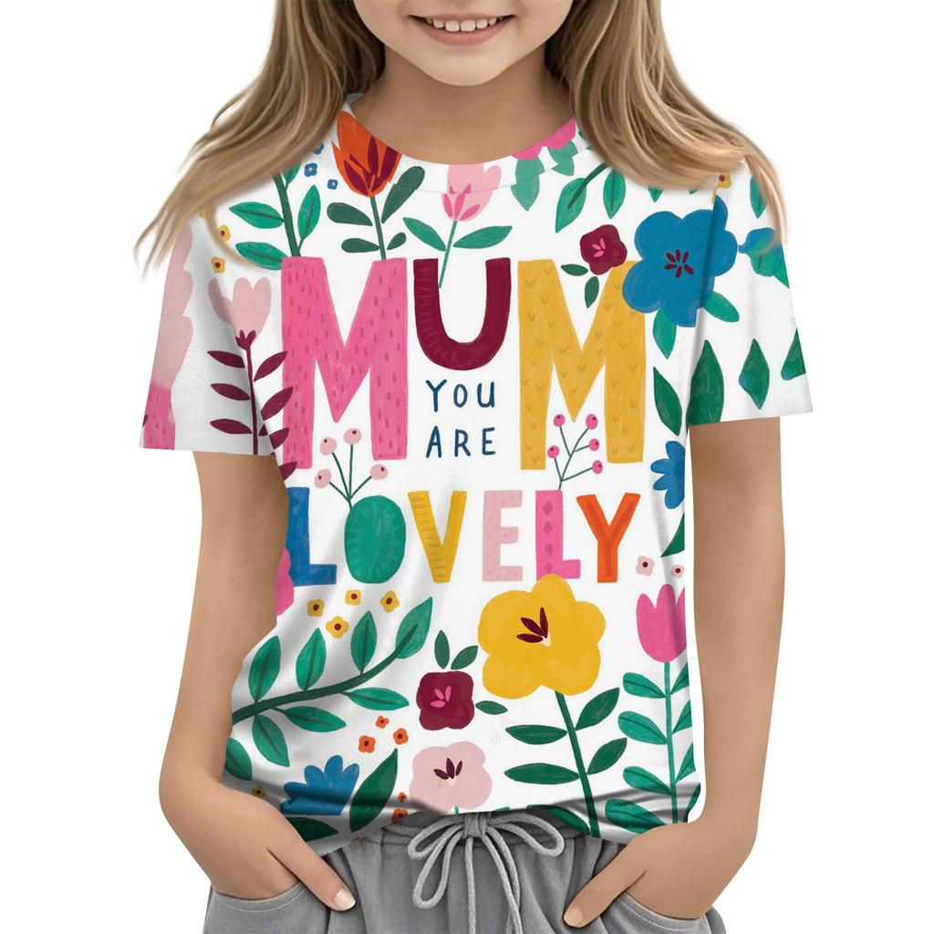 Children's Fashion Casual Short Sleeve Mother's Day Printed Round Neck T-Shirt Top