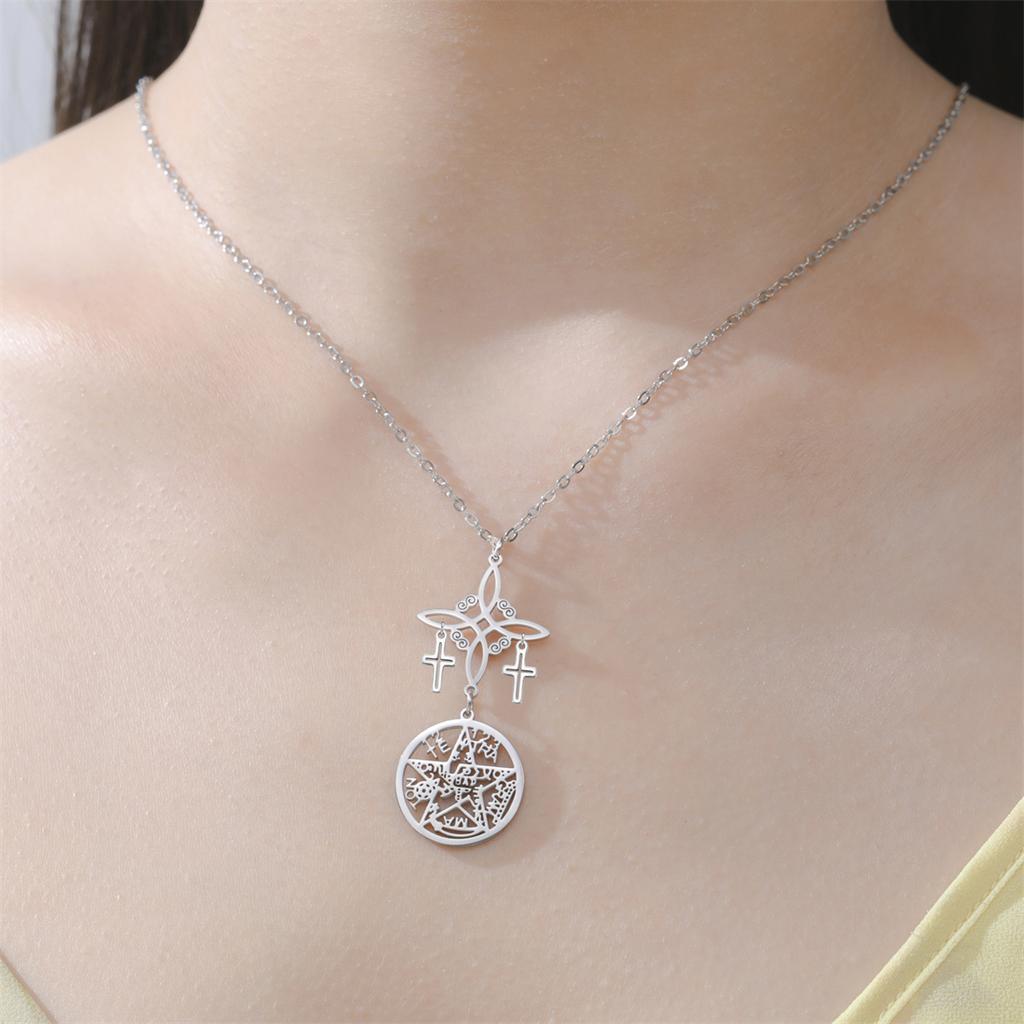 Triple Protection Necklace Cross Witch Knot Pentacle Tetragrammaton Stainless Steel Double Side Amulet Jewelry