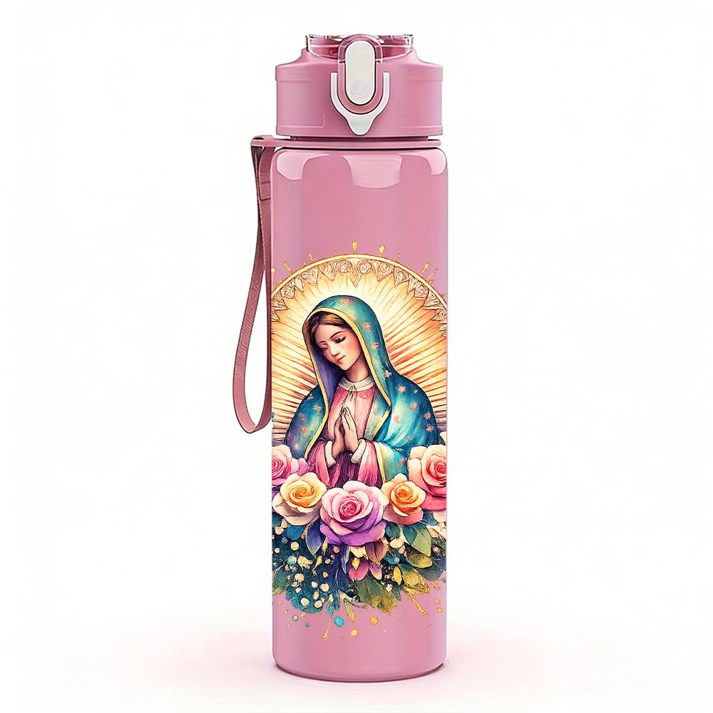 1PC Floral Round Wreath Virgin Mary 750ml Color Plastic Water Bottle Leakproof Flip Straw Lid For Sports Office Home Use