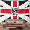 A black, white, and red cross design with a shield and eagle emblem centered. Patterned tapestry for bedroom and living room home decor