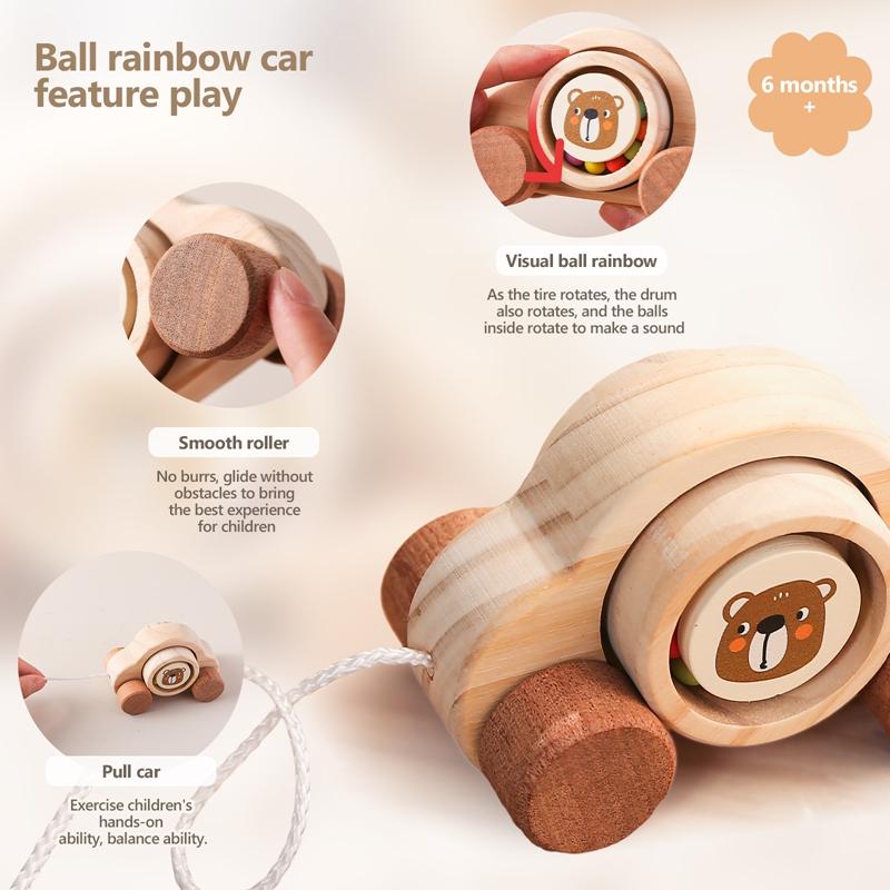Деревянная игрушка-тележка для малышей, игра Монтессори для развития мелкой моторики пальцев, тележка из сосны с мультяшным мишкой, не содержит БФА, украшение детской комнаты, подарок для ребенка