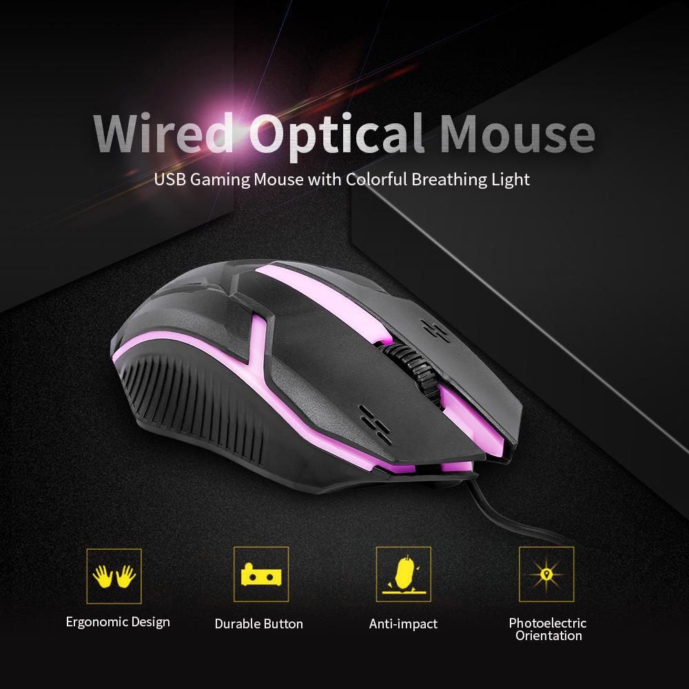 CM 818 Wired Optical Mouse Gaming Mouse 1200DPI USB Gaming Mouse Ergonomic Mouse with Colorful Breathing Light Black