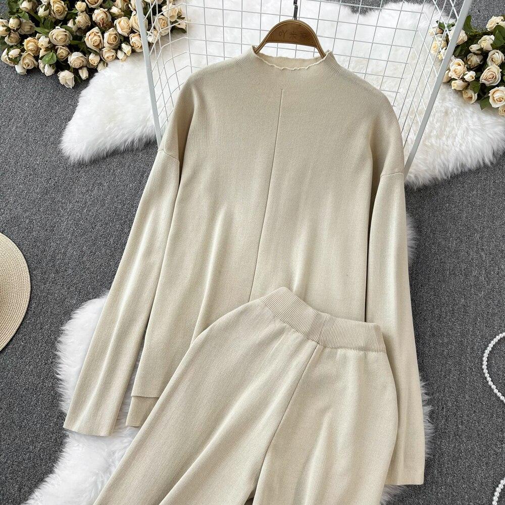 Fashion Collar Loose Long-sleeved Irregular Knit Tops High Waist Thin Straight Pants Two-piece Set