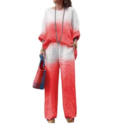 Женский комплект, модный топ из хлопка и льна с градиентом, топ с круглым вырезом с длинными рукавами и прямые брюки, комплект из двух предметов