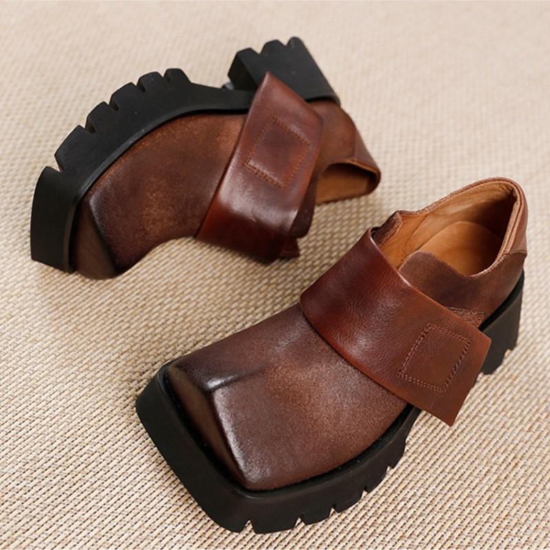 Johnature Женские туфли на платформе с квадратным носком в стиле ретро, ​​универсальные однотонные туфли из натуральной кожи на толстой подошве