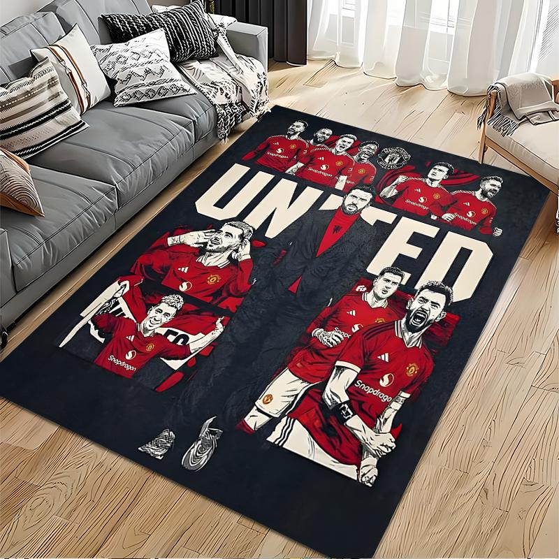 Football Club Area Rug, Manchester United Squad Manager United Red Black Collage Print, Soccer Fan Room Decor, Non-Slip Mat