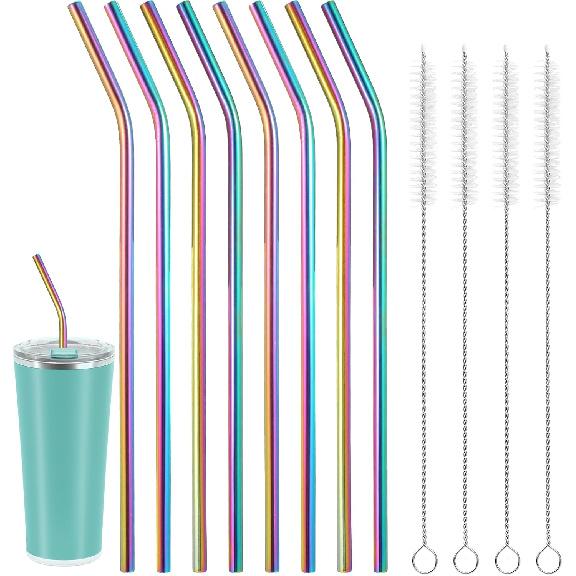8 Pcs Stainless Steel Straws 12 inch Long Reble Colorful Metal Bent Straw with 4 Pieces Cleaning Brush for 100oz Drinking Reble Tumblers Accessories