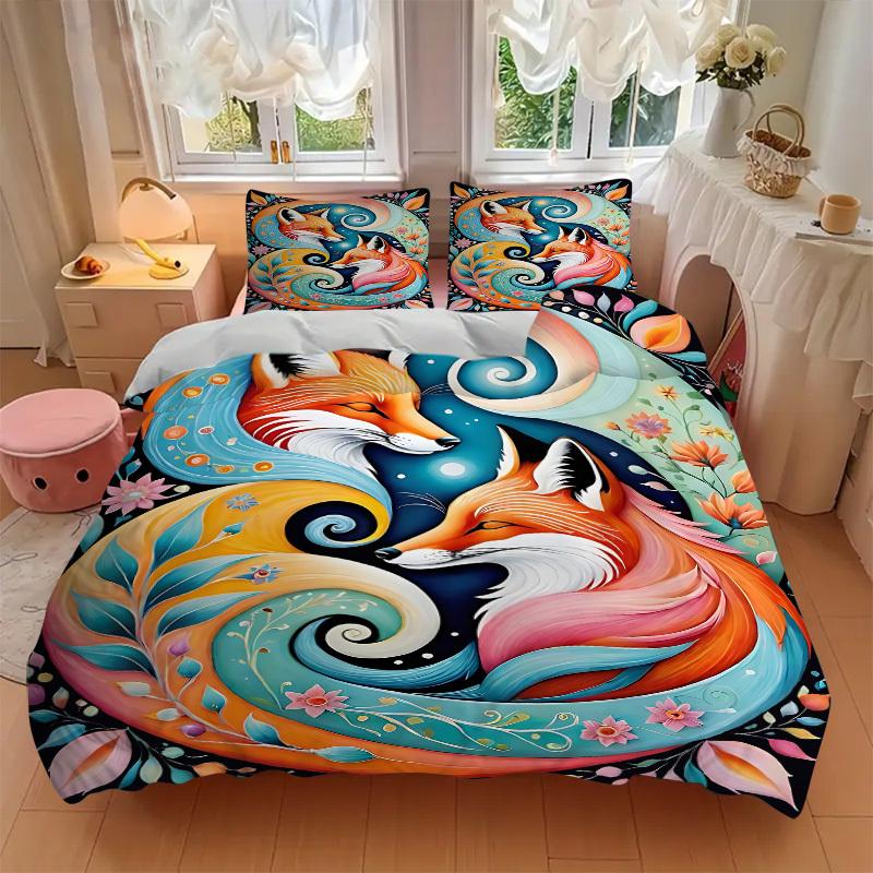 3pcs bedding set Foxes, Floral Includes 1 Comforter + 2 Pillowcases, Without Pillow Inserts, Soft Comfortable, Lightweight Breathable032