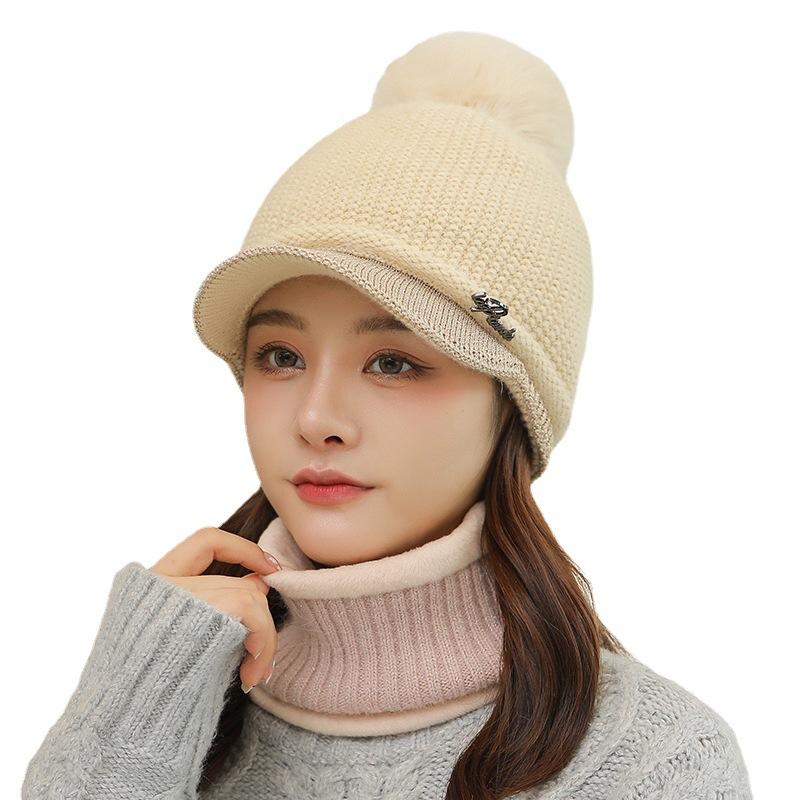 Autumn Winter Warm Hat Set Women's Knitted Duckbill Hat Rabbit Fur Thick Women's Hat Scarf Ear Protection Hat Two-piece Set Hats & Caps (women’s)