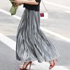 Women Maxi Skirt Elastic High Waist Pleated Golden Long Skirt Slimming Design Spring Summer Skirt Work Leisure Travel Wear